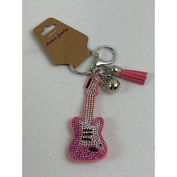 Sparkly Pink Guitar Keychain With Tassel & Bells Lead Safe - Picture 3 of 4